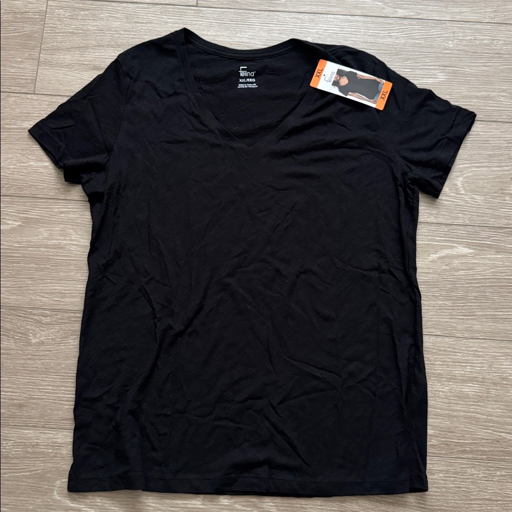 Felina NWT Women’s Sz XXL T-shirt Black V-Neck Slits Stretch Lightweight